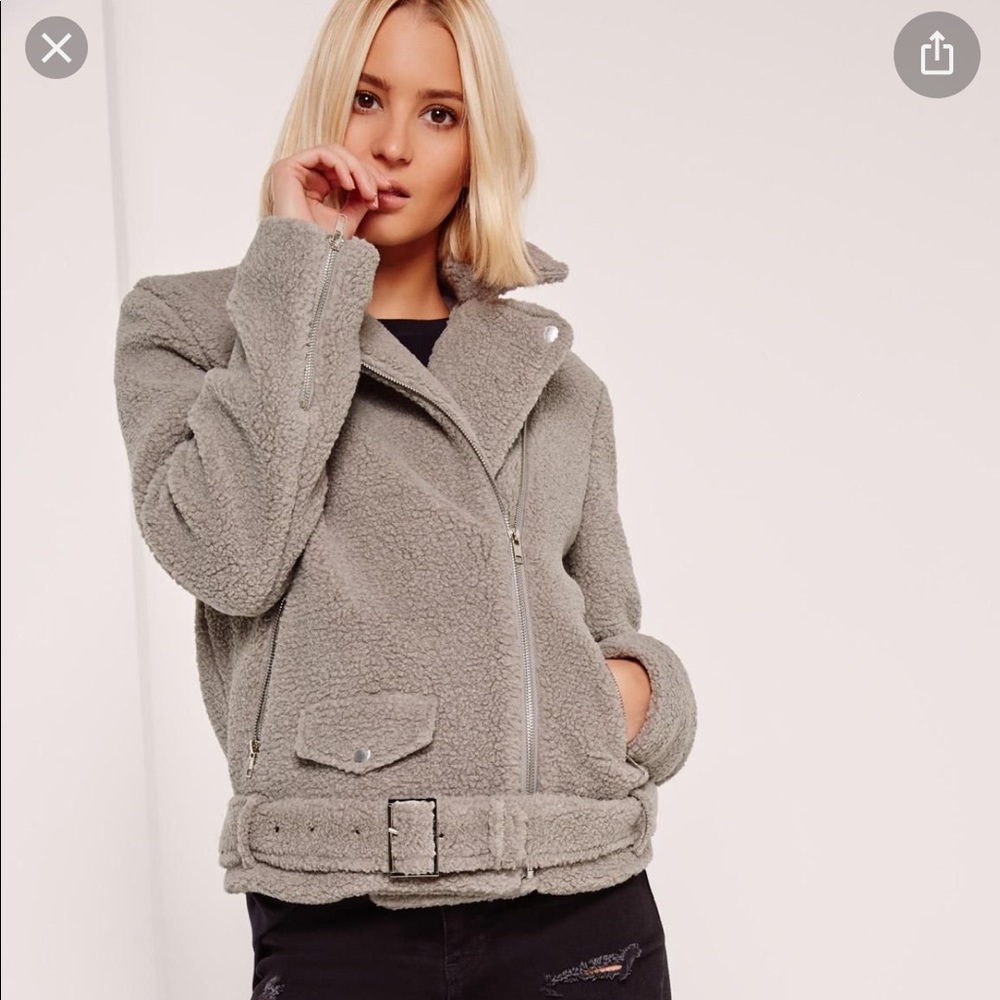 Missguided grey shearling biker jacket sz 0
